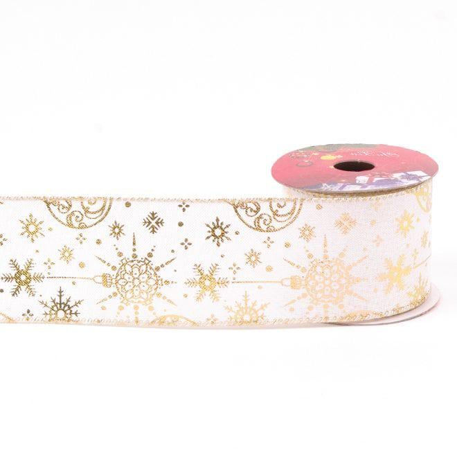 Лента новогодняя декоративная Flora 6,3 см х 2,7 м Белый с золотом (43341)