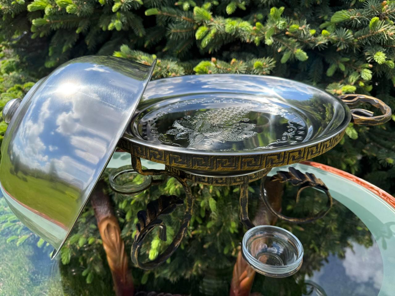 Садж для шашлику Греція 36 см з 3 соусницями та підігрівом кований круглий ручної роботи для м'яса риби овочів гриль - фото 2 Садж для шашлику Греція 36 см з 3 соусницями та підігрівом кований круглий ручної роботи для м'яса риби овочів гриль - фото 2