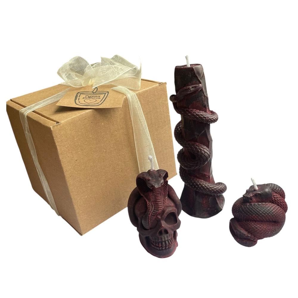 Подарочный набор из 3 свечей в виде черепа и змей Бордовый (TA0170) Подарочный набор из 3 свечей в виде черепа и змей Бордовый (TA0170)