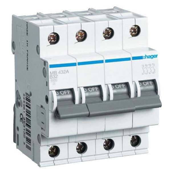 Автоматический выключатель Hager 20A 6 kA 4 полюса тип C MC420A (00295)