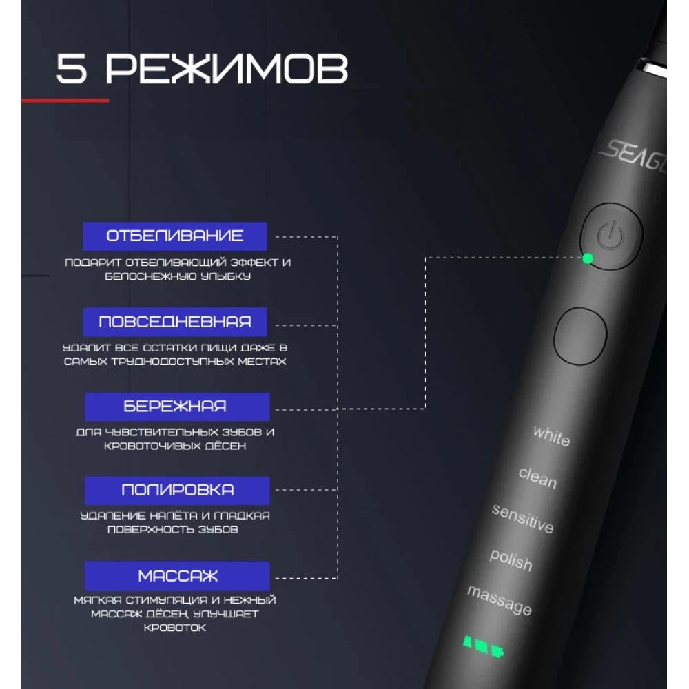 Електрична зубна щітка Seago Sonic SG575 звукова 5 насадок 5 режимів кейс для зберігання Темно-синій (418541) - фото 3