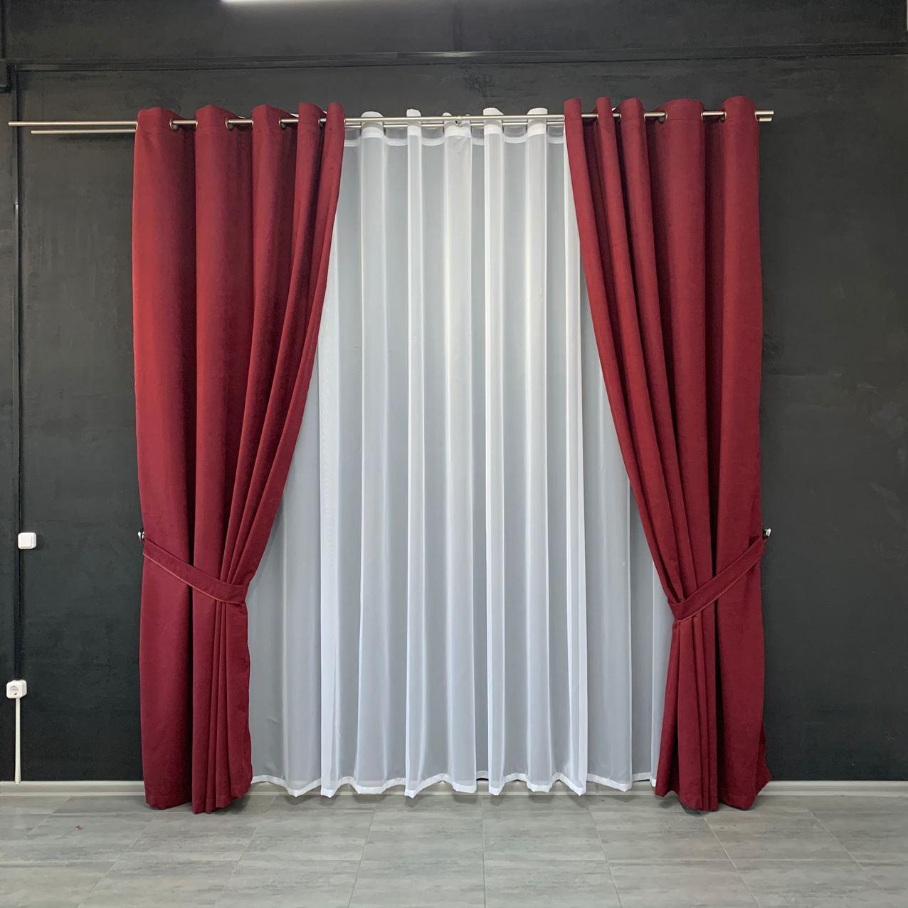 Шторы готовые однотонные из микровелюра на люверсах Бордовый