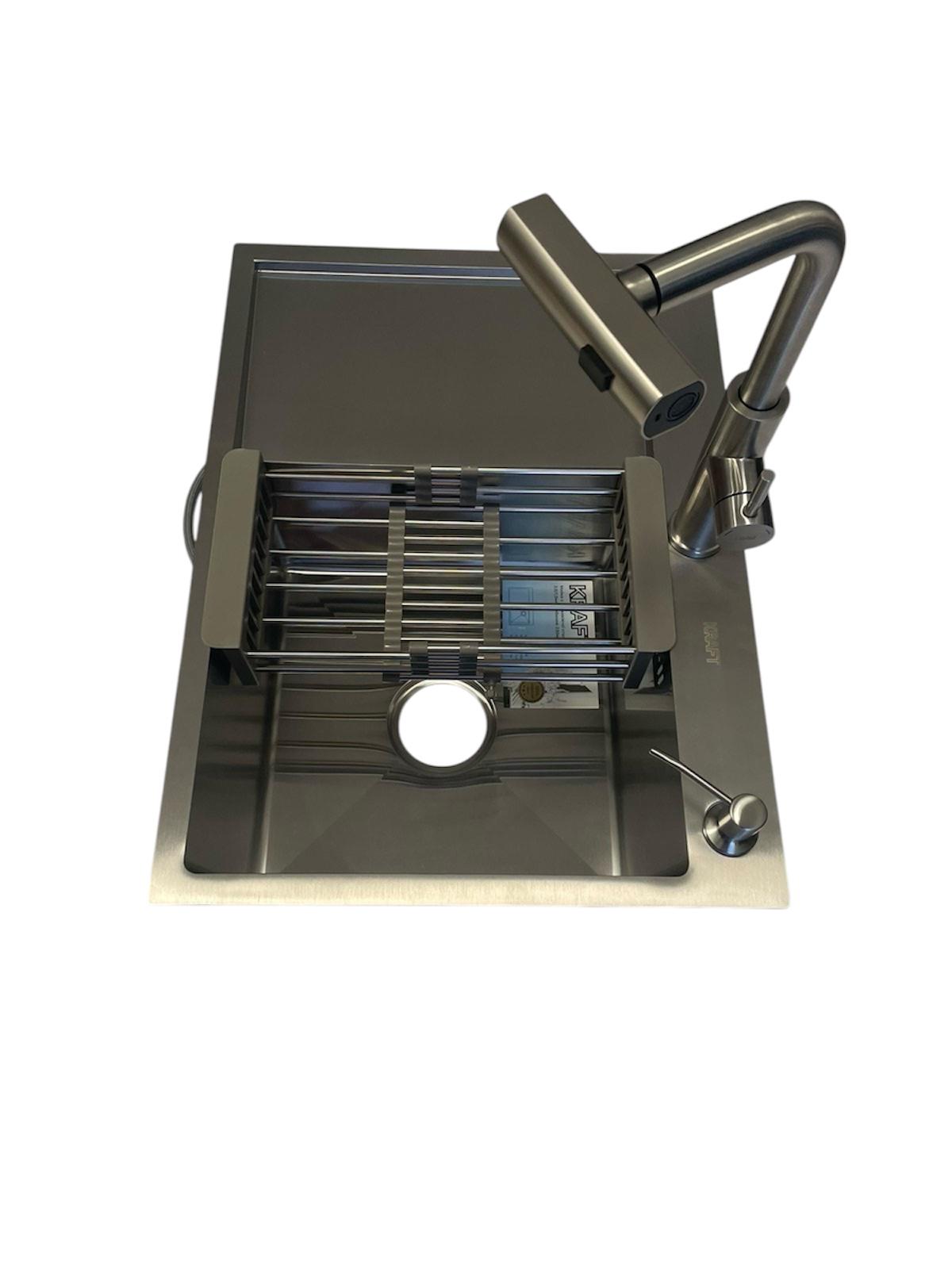 Мойка кухонная Kraft 6548 BRS правая и смеситель для кухни Aria 015FLT с выдвижным изливом Lidz