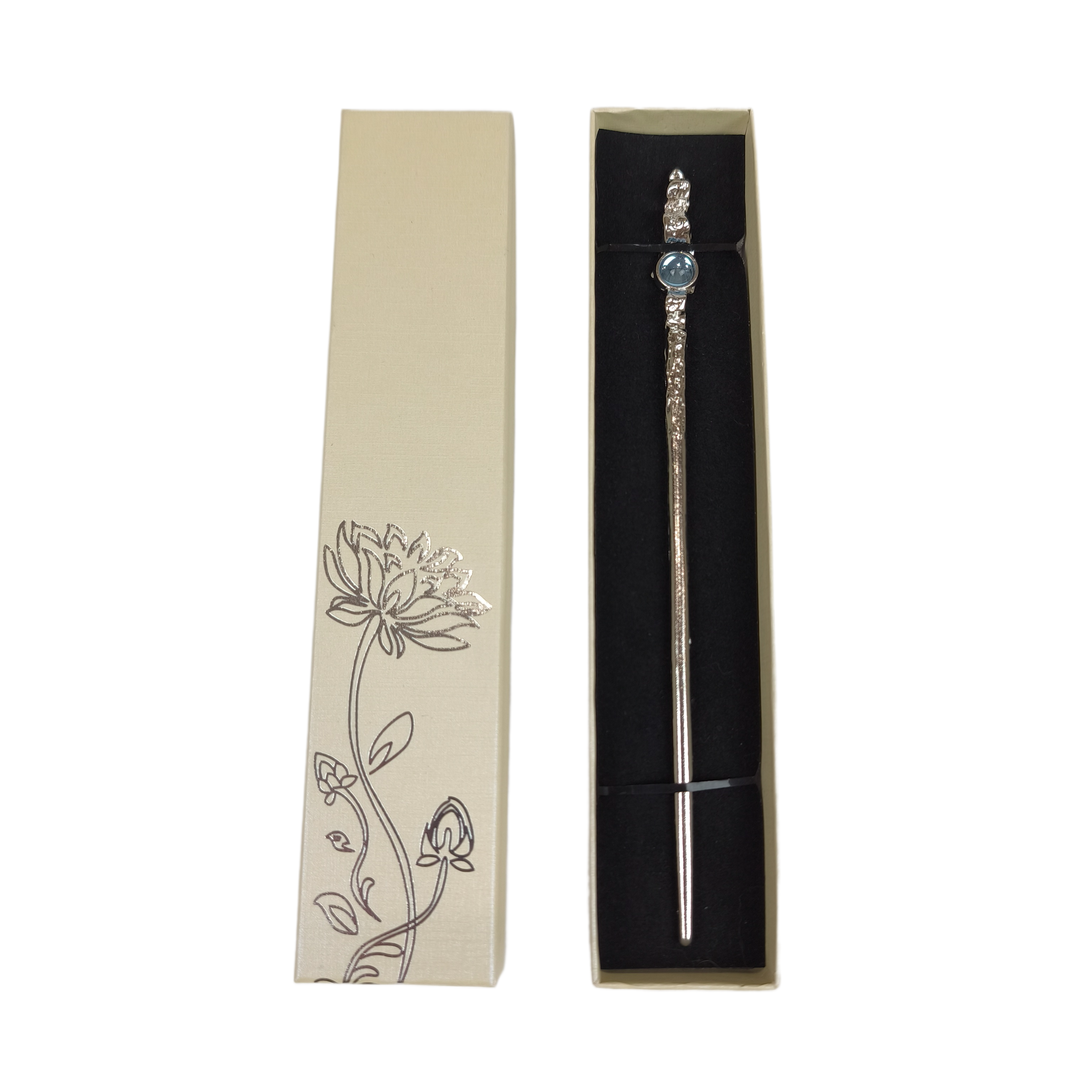 Заколка для волос в азиатском стиле металлическая в подарочной коробочке с камешком Серебристый (28098)