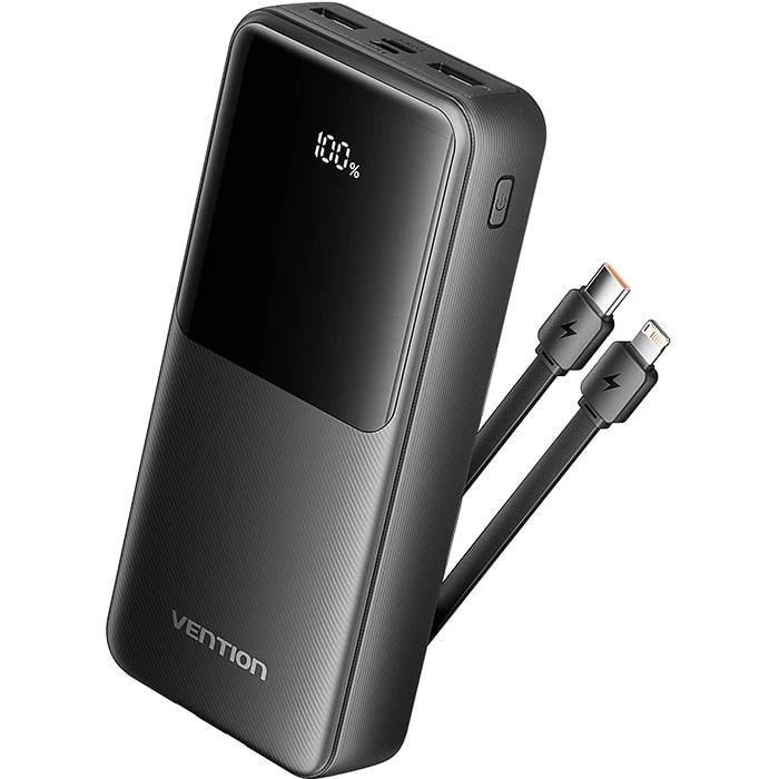 Повербанк Vention 20000 mAh 22,5W со встроенными USB-C и Lightning кабелями Черный (617564)
