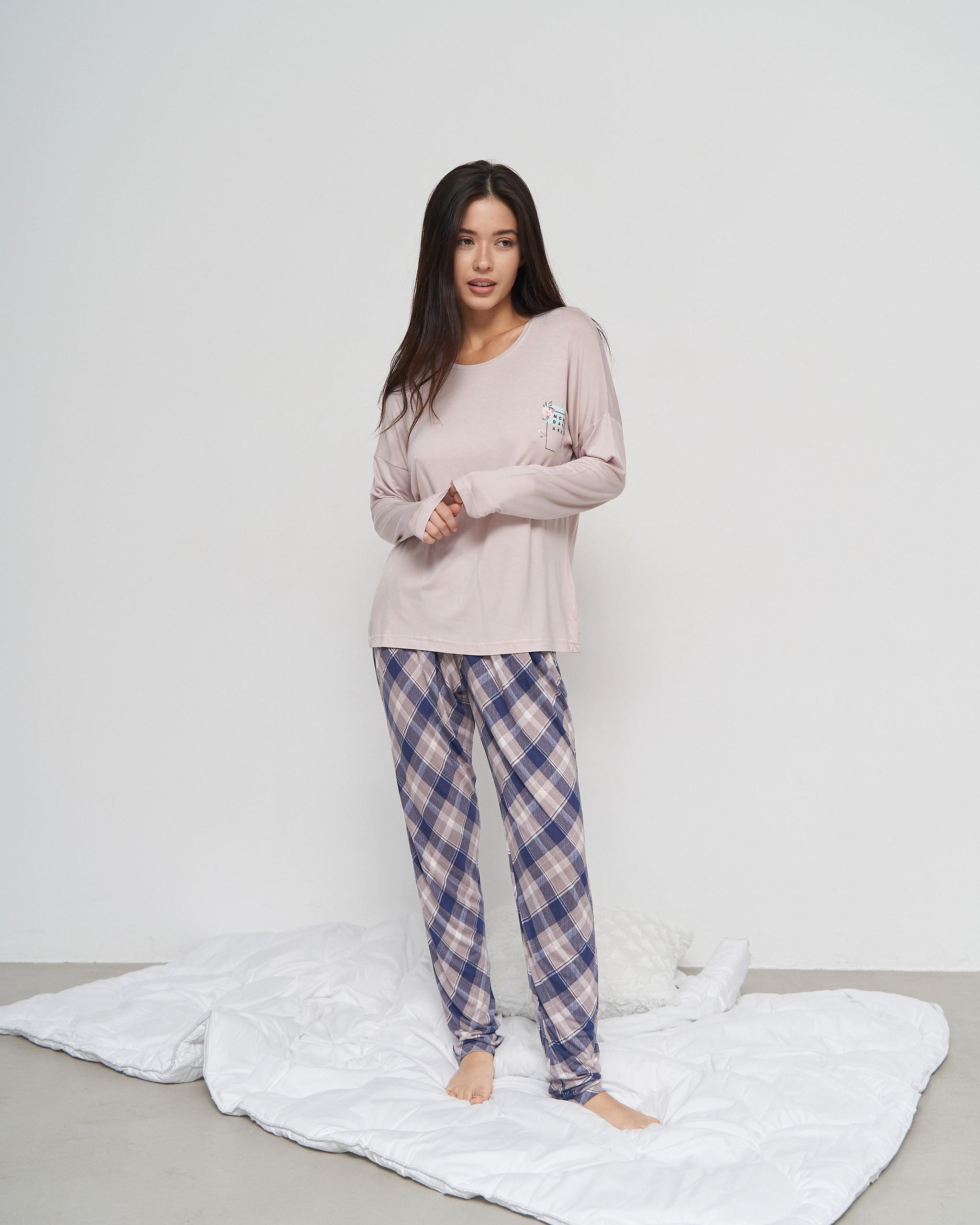 Пижама вискозная женская с брюками Клеточка L Пудровый (99069)