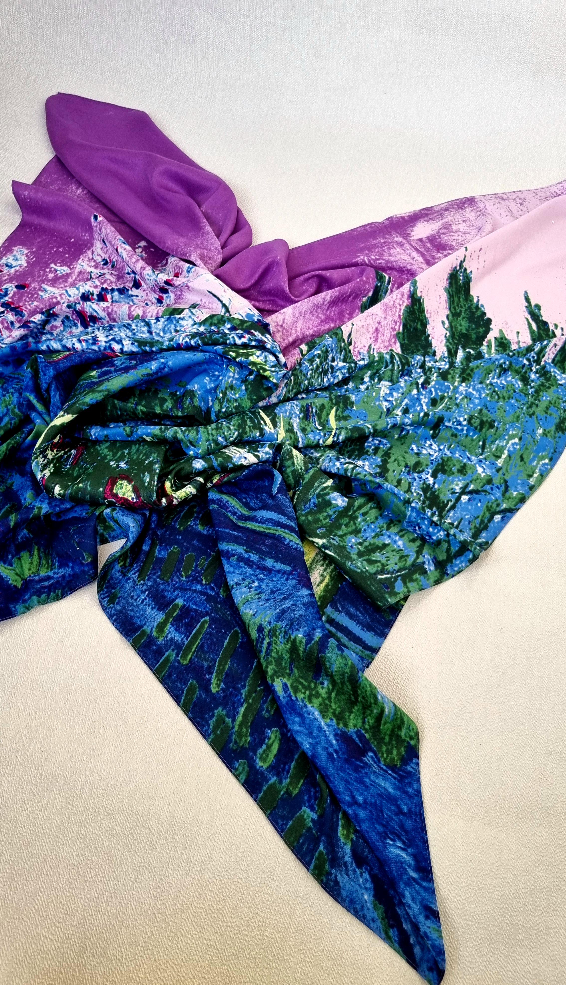 Платок женский большой шелковый Картина 130х130 см Темно-синий/Фиолетовый/Сиреневый