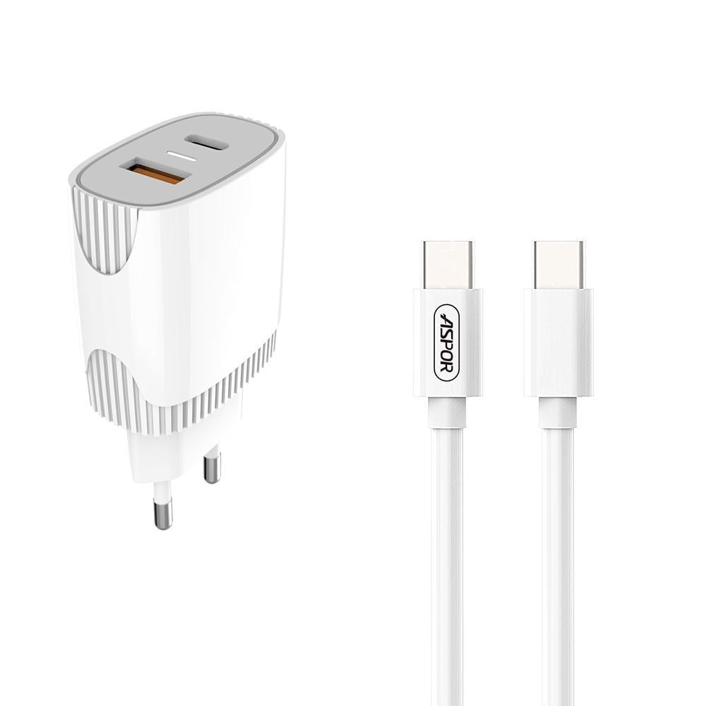Зарядное устройство для телефонов Aspor A816 20W USB + USB-C PD кабель Type-C Type-C Белый (557-925127)