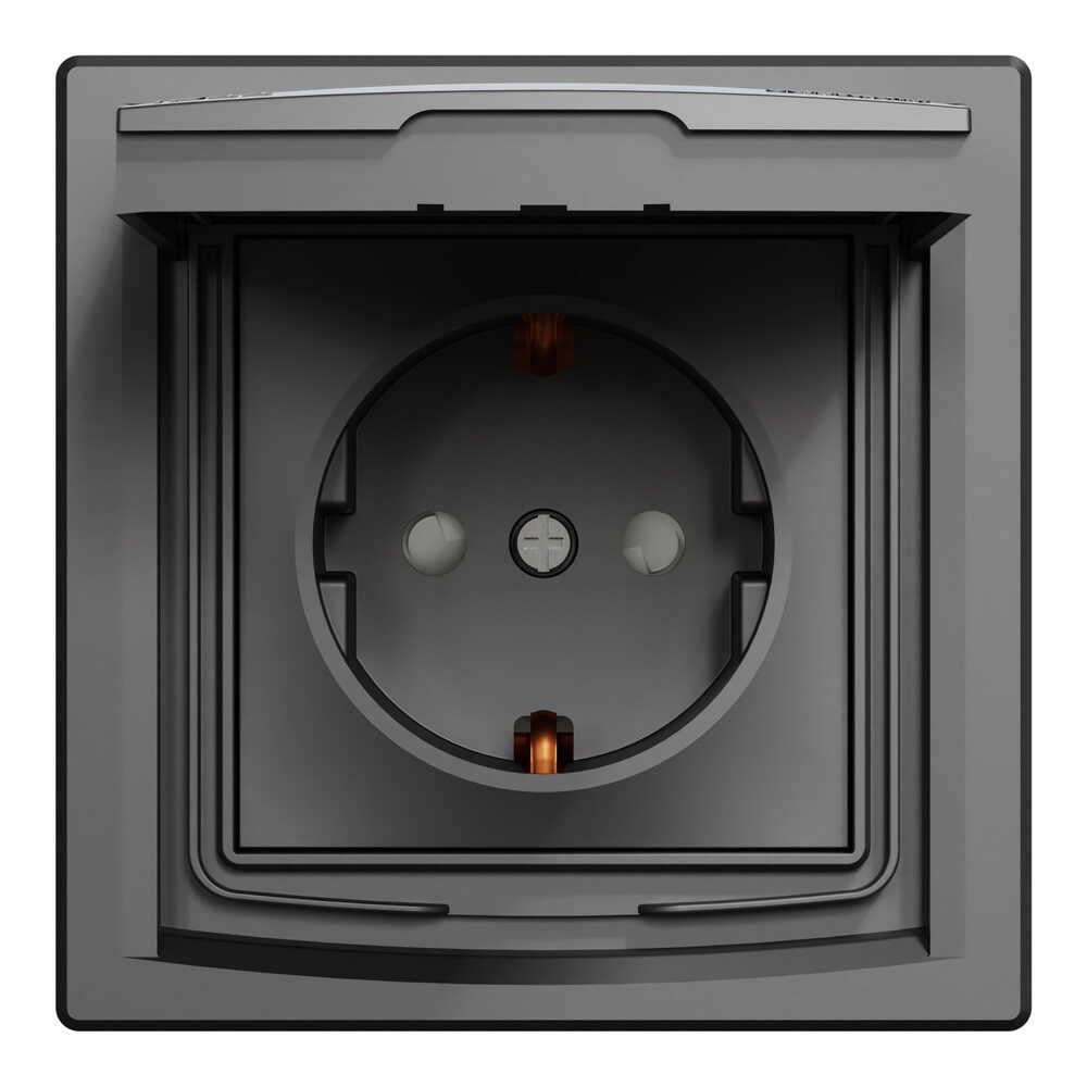 Розетка 1-местная Schneider Asfora с заземлением с крышкой IP44 Антрацит (35922968)