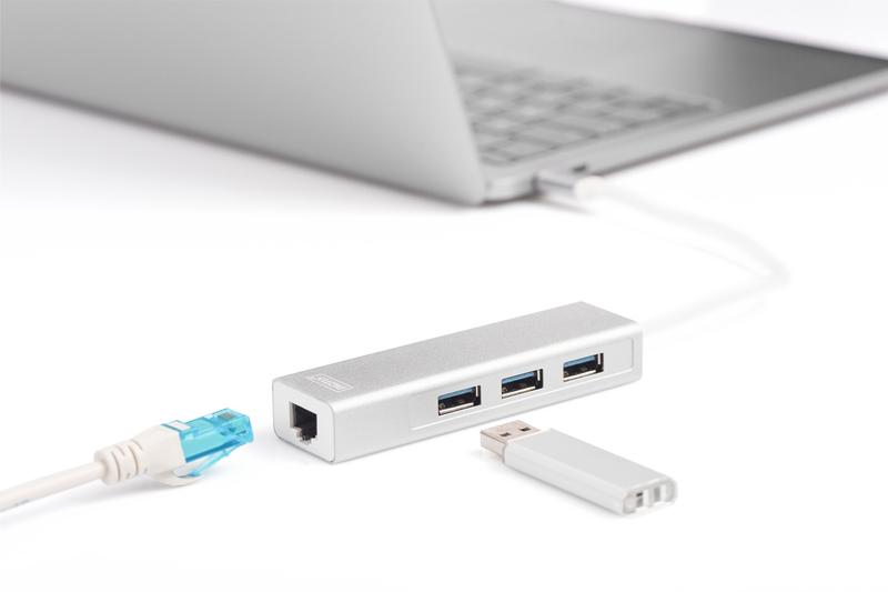 Концентратор Digitus USB-C USB 3.0 3 Port Hub + Gigabit Ethernet Серебристый - фото 6