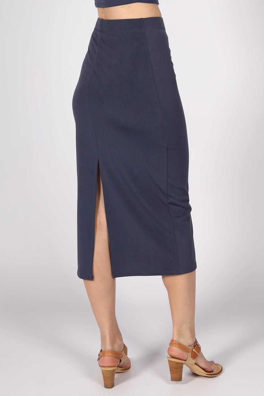 Юбка меди трикотажная женская с разрезом сзади однотонная р. 50 Графитовый (2495108754) - фото 2
