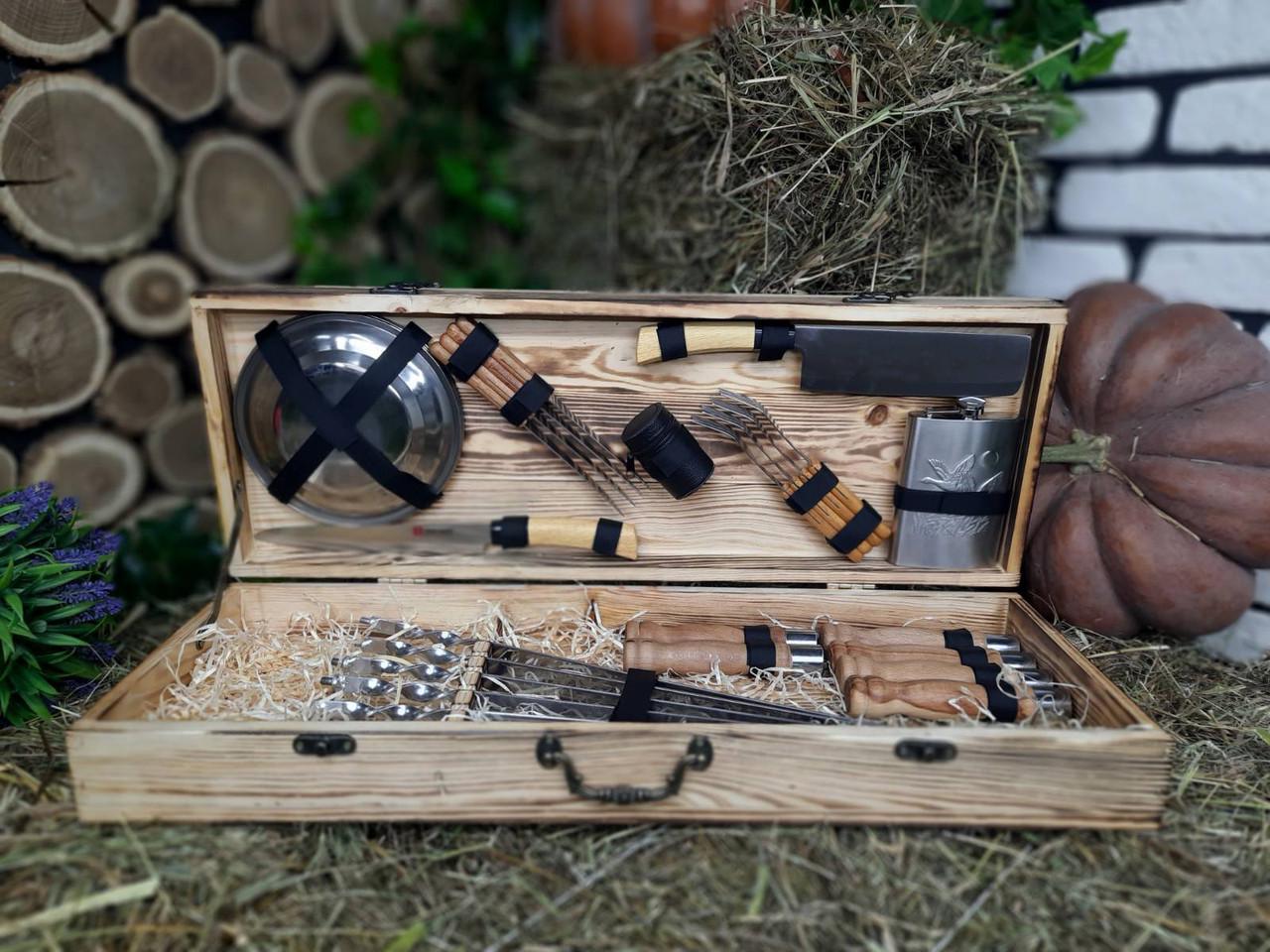 Набор разборных шампуров для мяса Profi с комплектом аксессуаров в деревянном кейсе 650х12х2,5 мм 6 шт. (12318141)