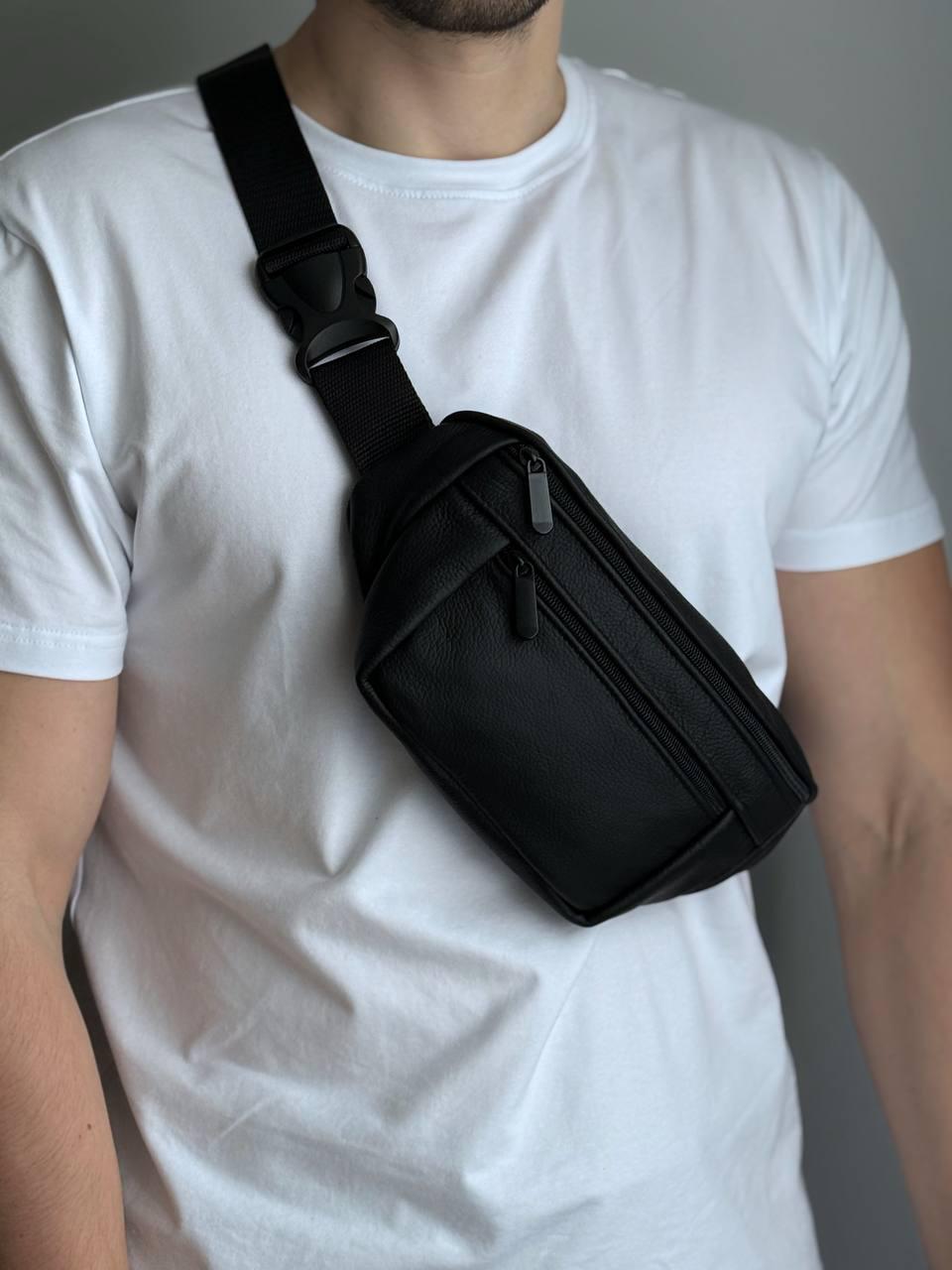 Сумка бананка на пояс мужская натуральная кожа флотар Черный (93959) - фото 2