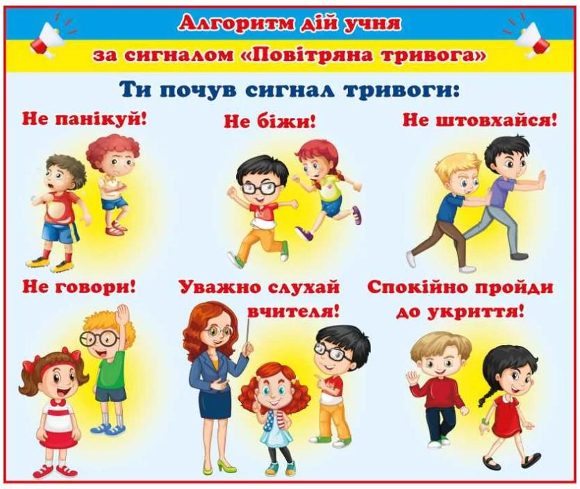 Стенд Алгоритм действия ученика по сигналу воздушной тревоги 600х500 мм (Д-8910)