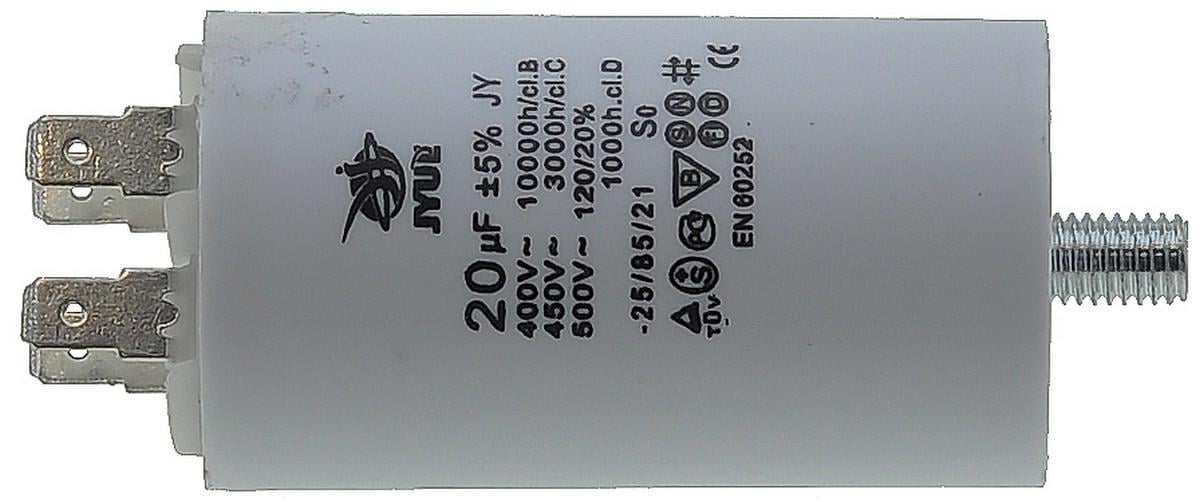 Конденсатор JYUL CBB-60M болт и клеммы 20 мкф -450 VAC 35х65 мм