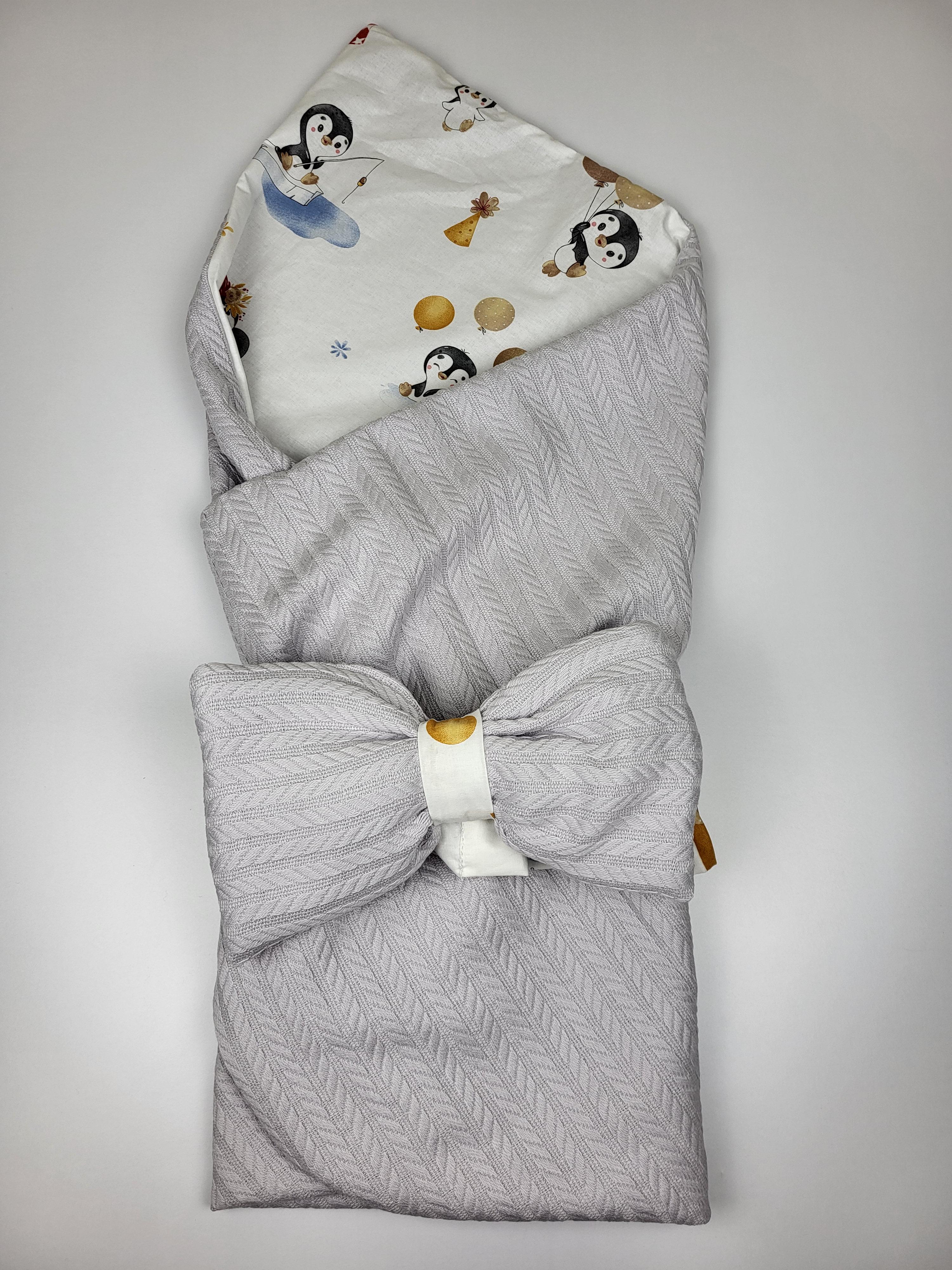 Плед на выписку двусторонний 2в1 с пингвинами 100х80 см Серый (1557)