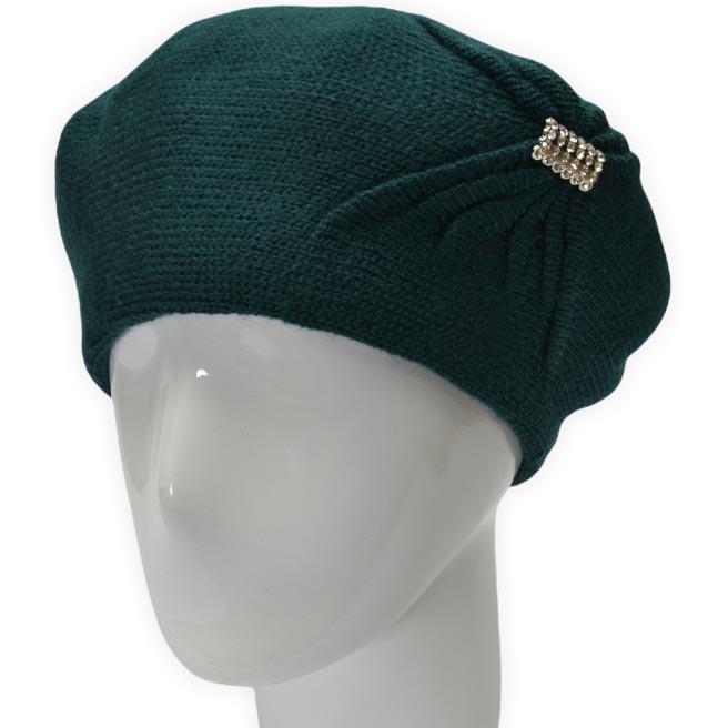 Берет женский Lirus Бонжур из шерсти двойной с узором сбоку и брошью Зеленый