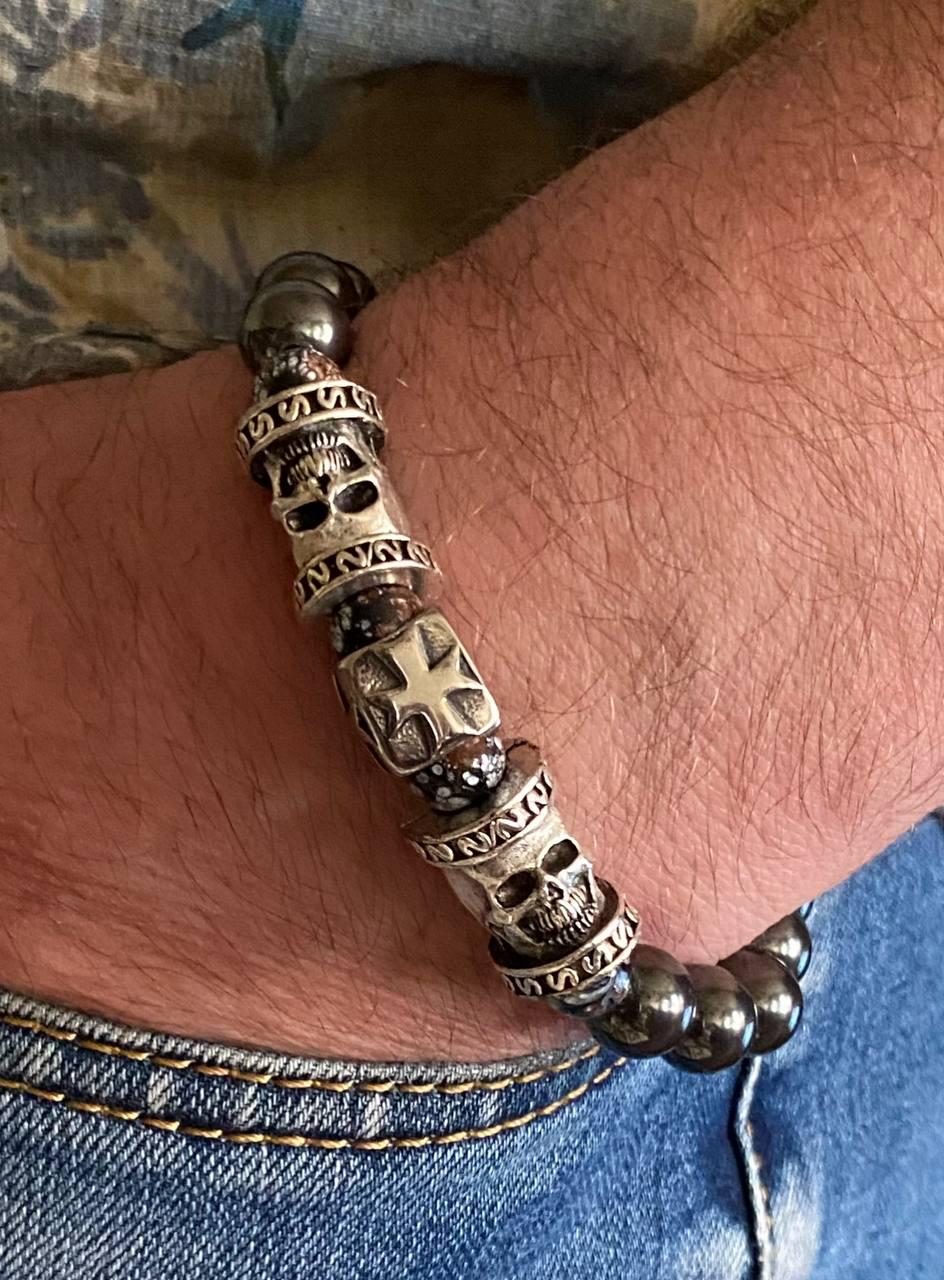 Браслет LITAURS из натурального камня гематит d 10 мм и металлическими вставками L 18-21 см (24113-1) - фото 2