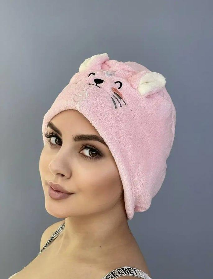 Тюрбан чалма для сушки волос из микрофибры с пуговицей и ушками Розовый (ВК0903В-2)