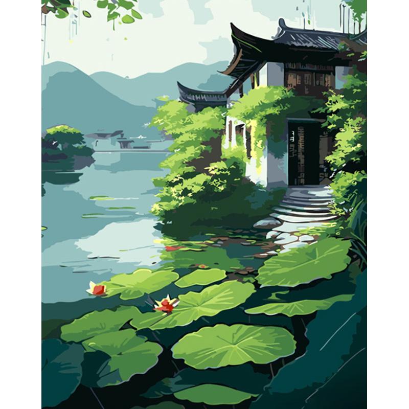 Картина по номерам Strateg Премиум Дом на берегу реки с лаком и уровнем 40x50 см (GS1510)