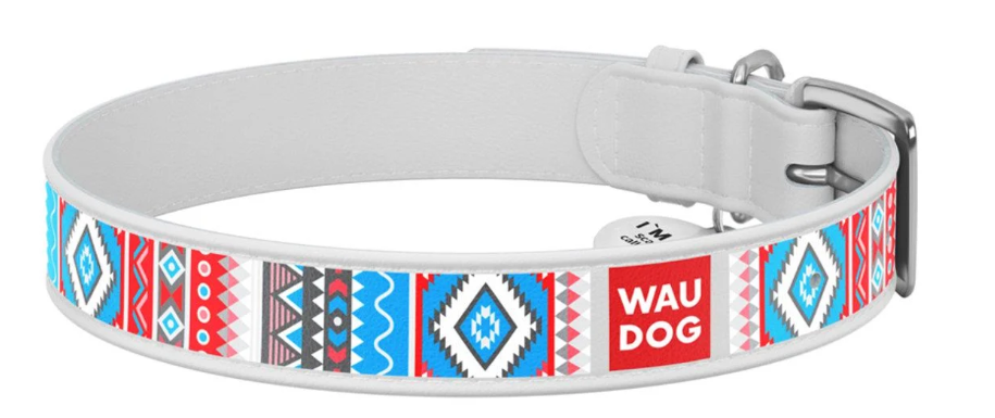 Ошейник для собак кожаный WAUDOG Design с QR паспортом Этно ХL 35 мм 46-59 см Белый (Collar377715)