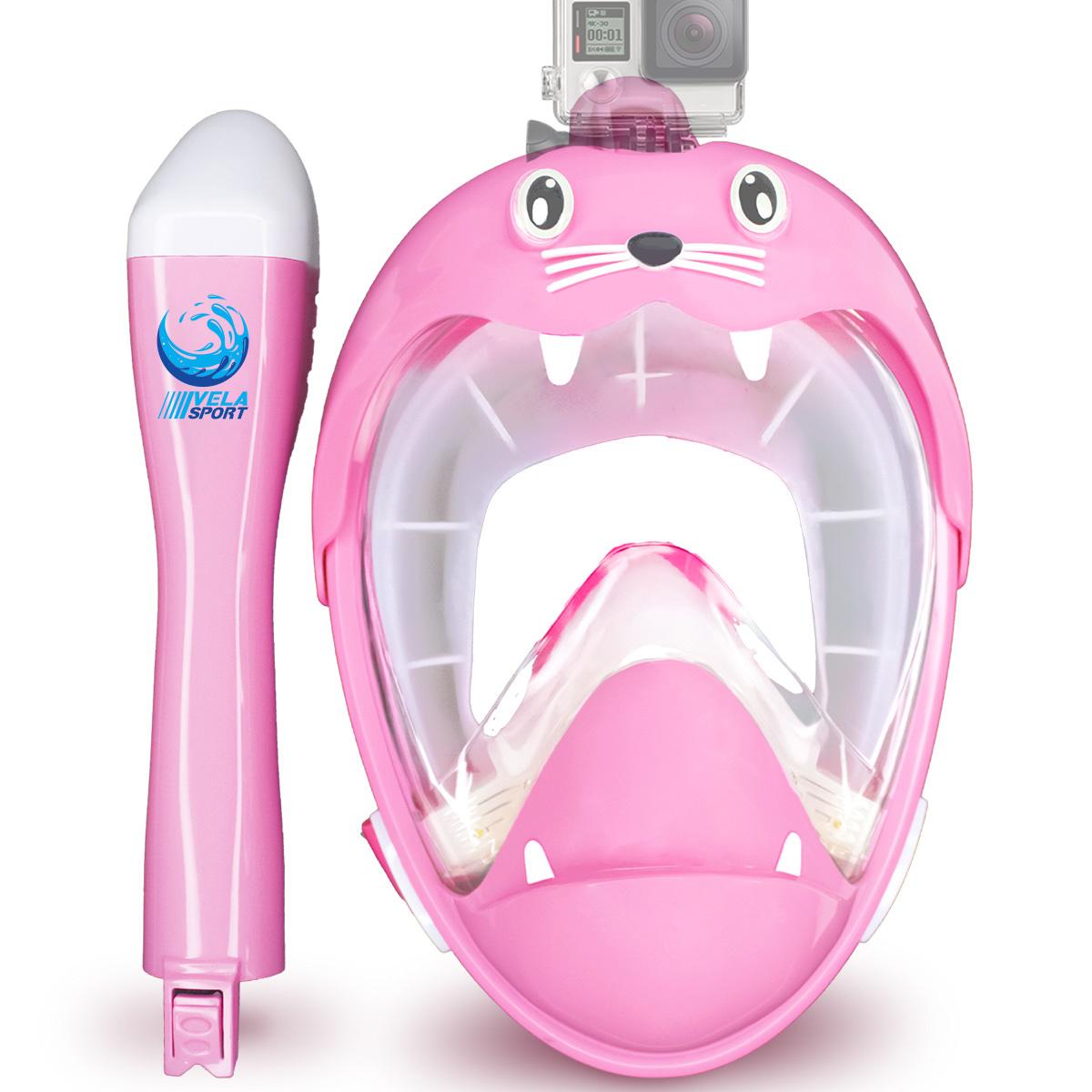 Повнолицьова маска для плавання Vela Sport Kids Lion XS дитяча 4 клапана Рожевий (00365)