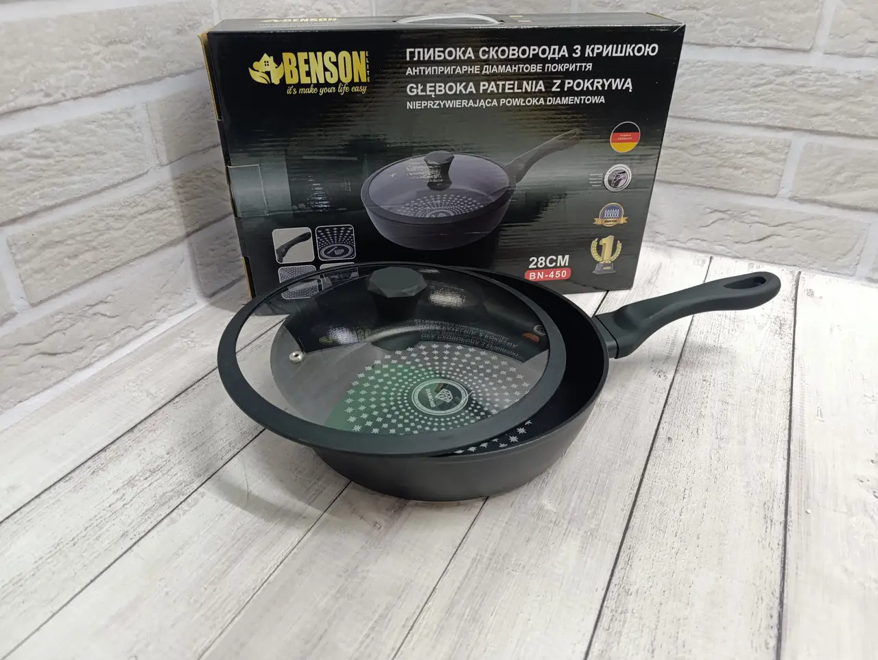 Сковорода із скляною кришкою Benson BN-450 Soft Touch 28 см 3,7 л литий алюміній/алмазне антипригарне покриття (ML-05263) - фото 7