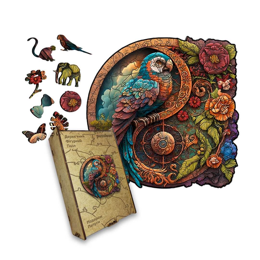 Пазл дерев'яний Подорож Папуги картонна коробка А4 100 елементів Пазл дерев'яний Подорож Папуги картонна коробка А4 100 елементів