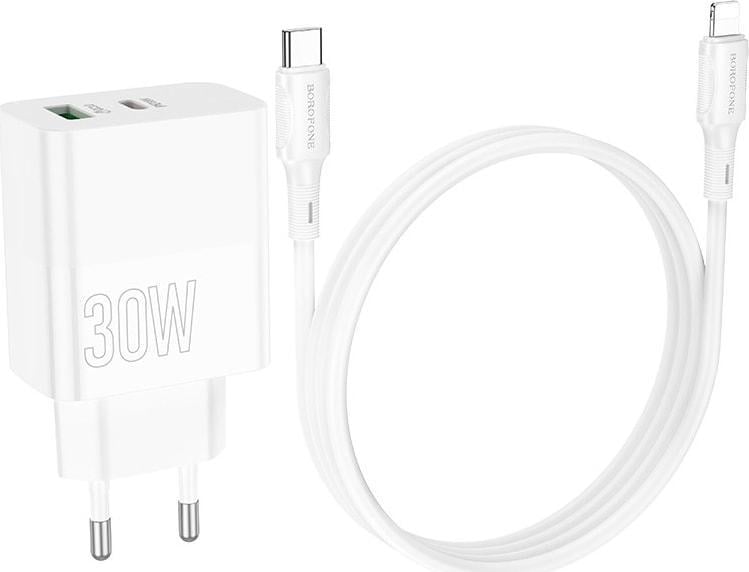 Пристрій зарядний Borofone BA75A 30W USB-A/USB-C/кабель Type-C - Lightning 1 м White (36672) - фото 4 Пристрій зарядний Borofone BA75A 30W USB-A/USB-C/кабель Type-C - Lightning 1 м White (36672) - фото 4