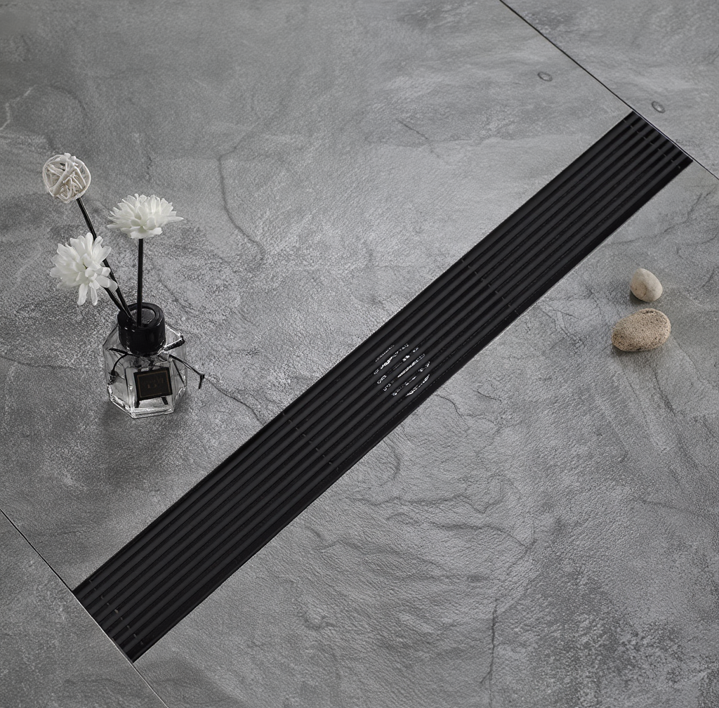 Трап для душу та ванної кімнати з нержавіючої сталі під плитку для зливу води підлоговий лінійний 60х6,8х2 см Чорний