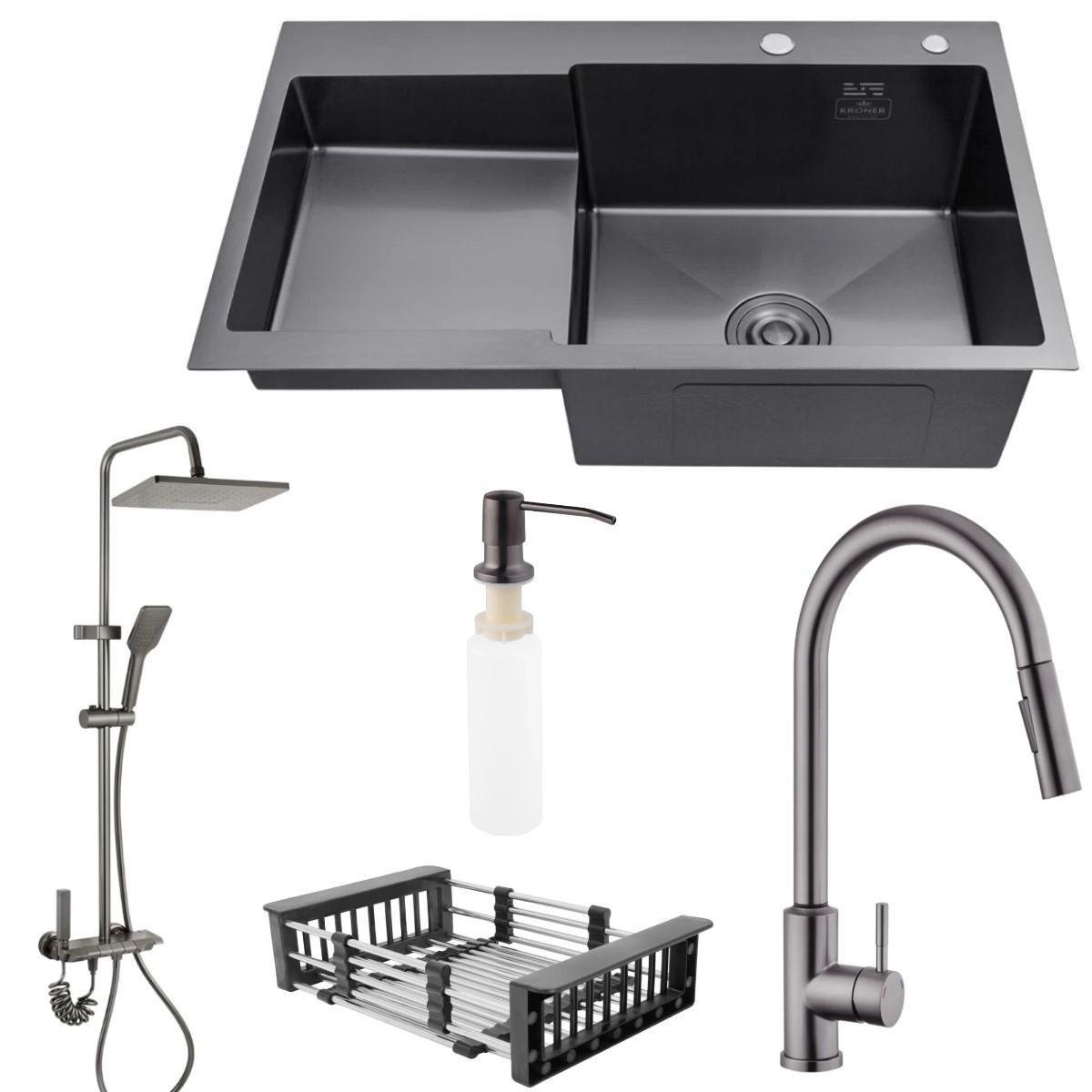 Мийка Kroner 7848RHM права/кран з висувним виливом Kroner-PVD03916 сенсорний та душова система Agua