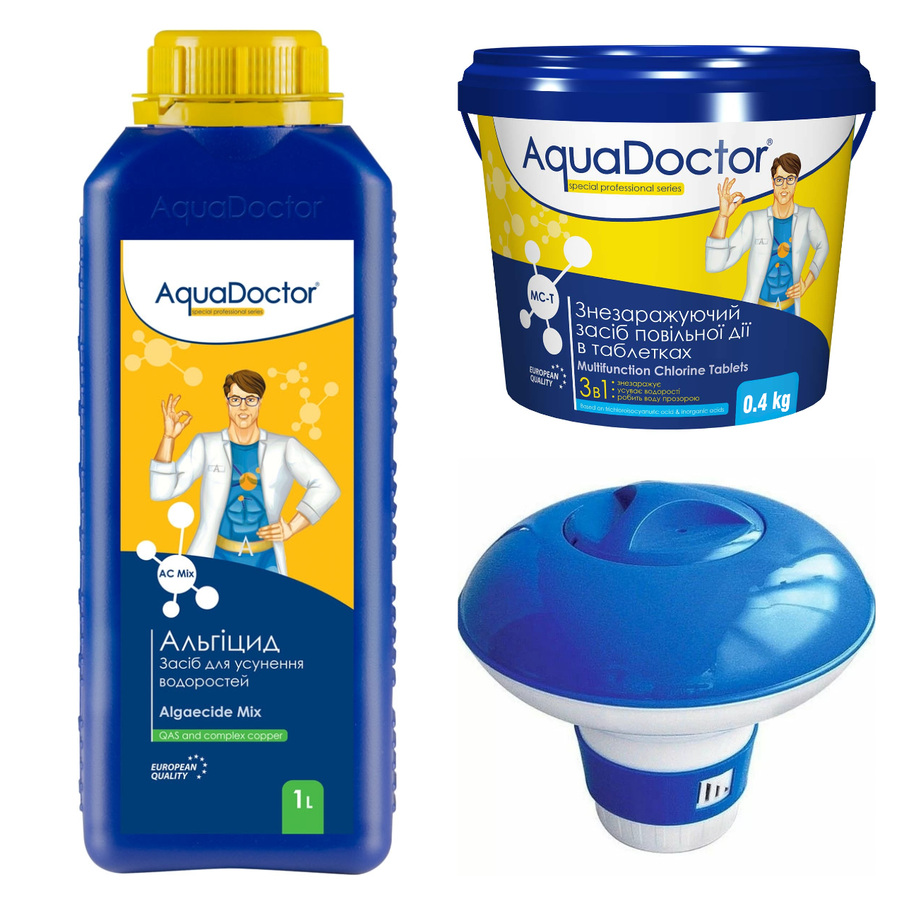 Набір хімії для басейну AquaDoctor 3в1 альгіцид/хлор повільної дії 3 в 1/дозатор (3175815775) Набір хімії для басейну AquaDoctor 3в1 альгіцид/хлор повільної дії 3 в 1/дозатор (3175815775)