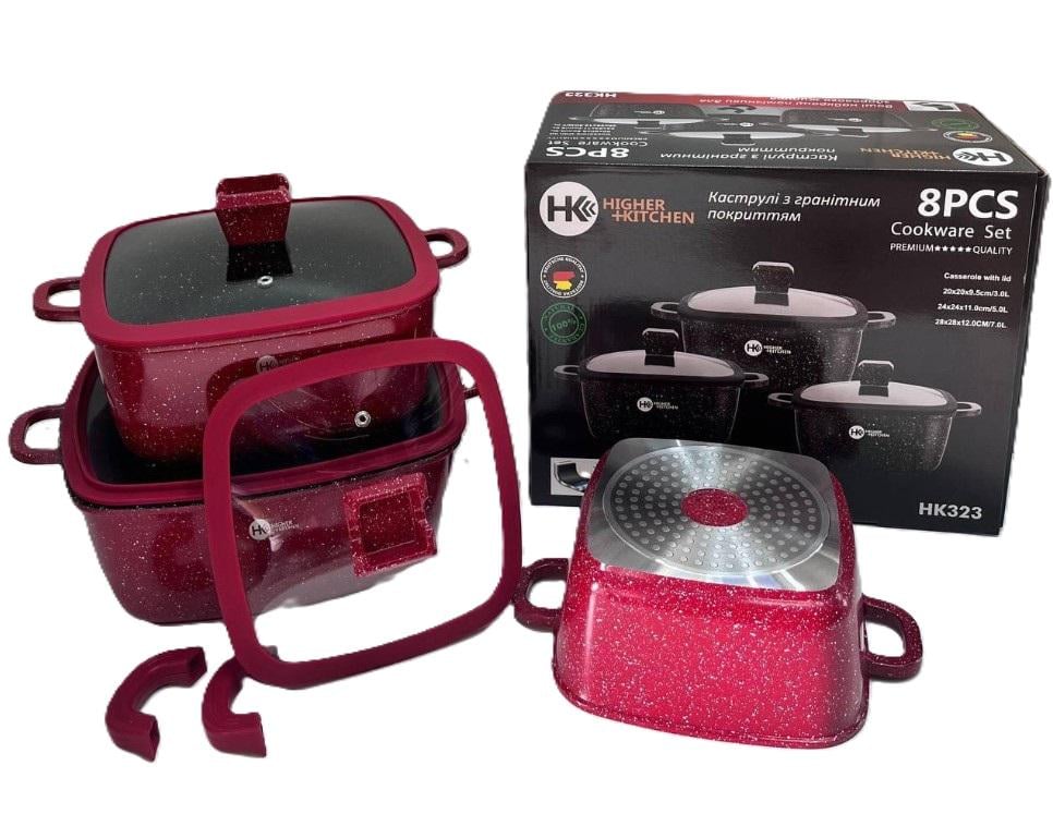 Набір квадратних каструль Higher Kitchen HK-323 Червоний (25580304) - фото 2 Набір квадратних каструль Higher Kitchen HK-323 Червоний (25580304) - фото 2