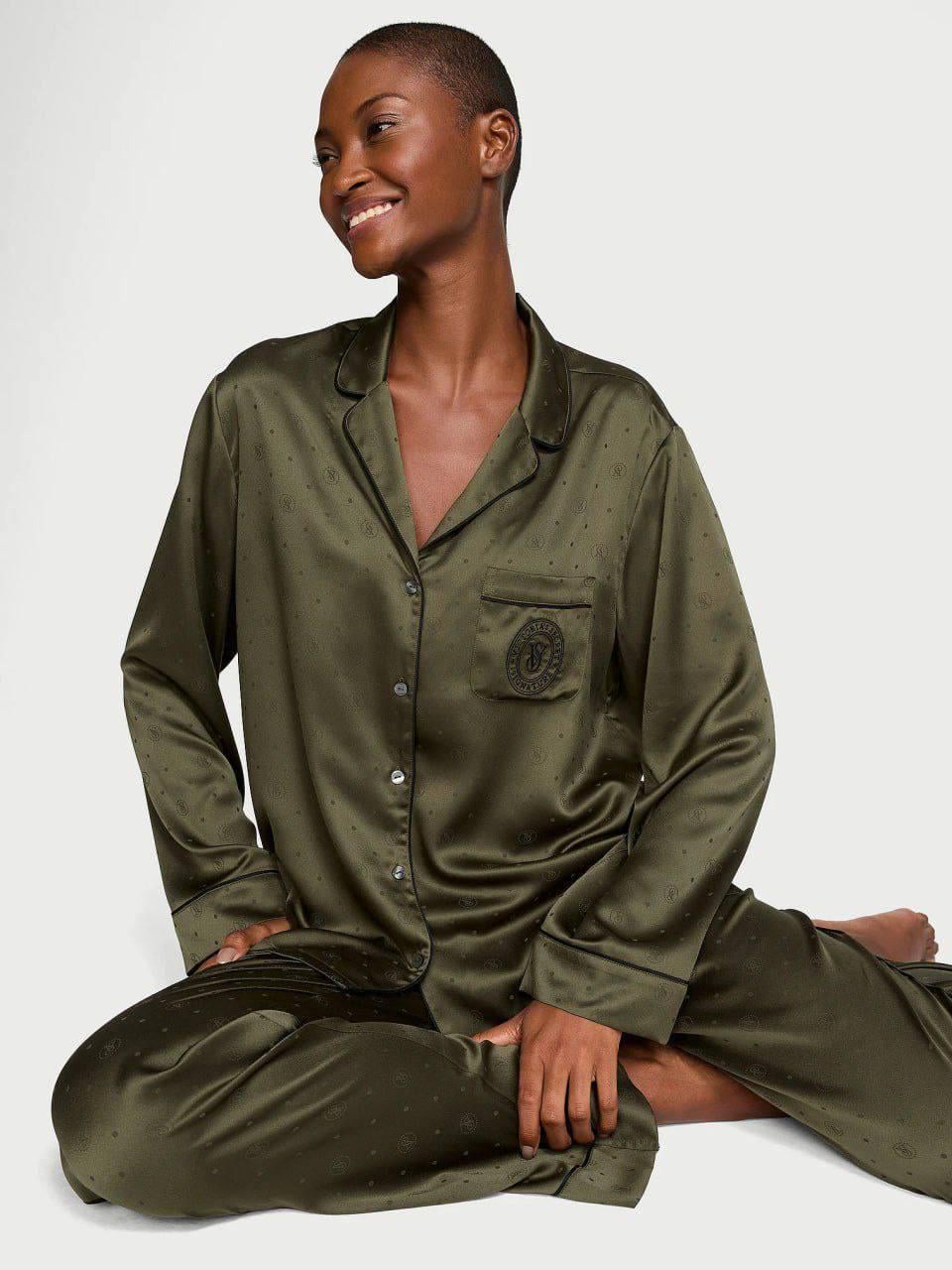 Піжама сорочка/штани Victoria's Secret Satin Dew Drop Heart Long Pajama Set Regular XS Зелений (26811580D)