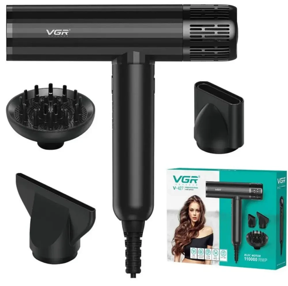 Фен с диффузором профессиональный VGR V-427 1900 Вт 3 насадки Черный (35741552)