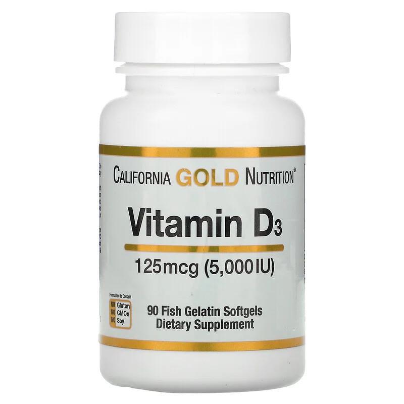 Вітамін Д3 California Gold Nutrition Vitamin D3 5000 МО для здоров'я кісток зубів 90 рибно-желатинових капс. (1110958815)