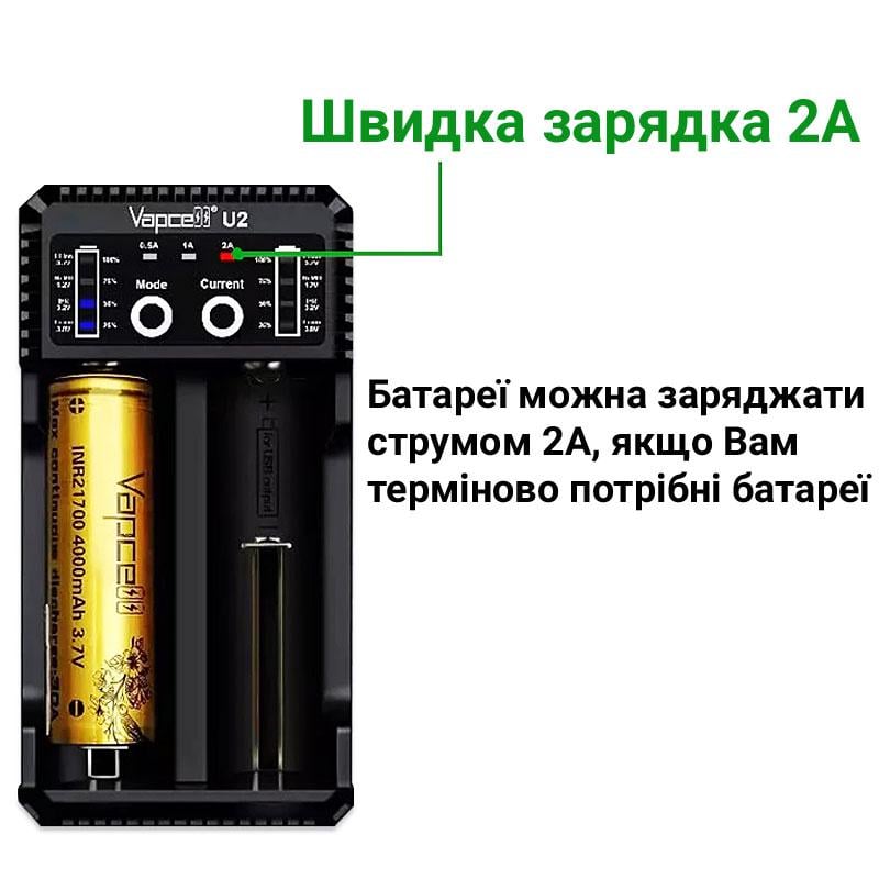 Зарядний пристрій з функція PowerBank Vapcell U2 розумний на 2 канали для Ni-Mh/Ni-Cd/Li-Ion 2 A (269546) - фото 2