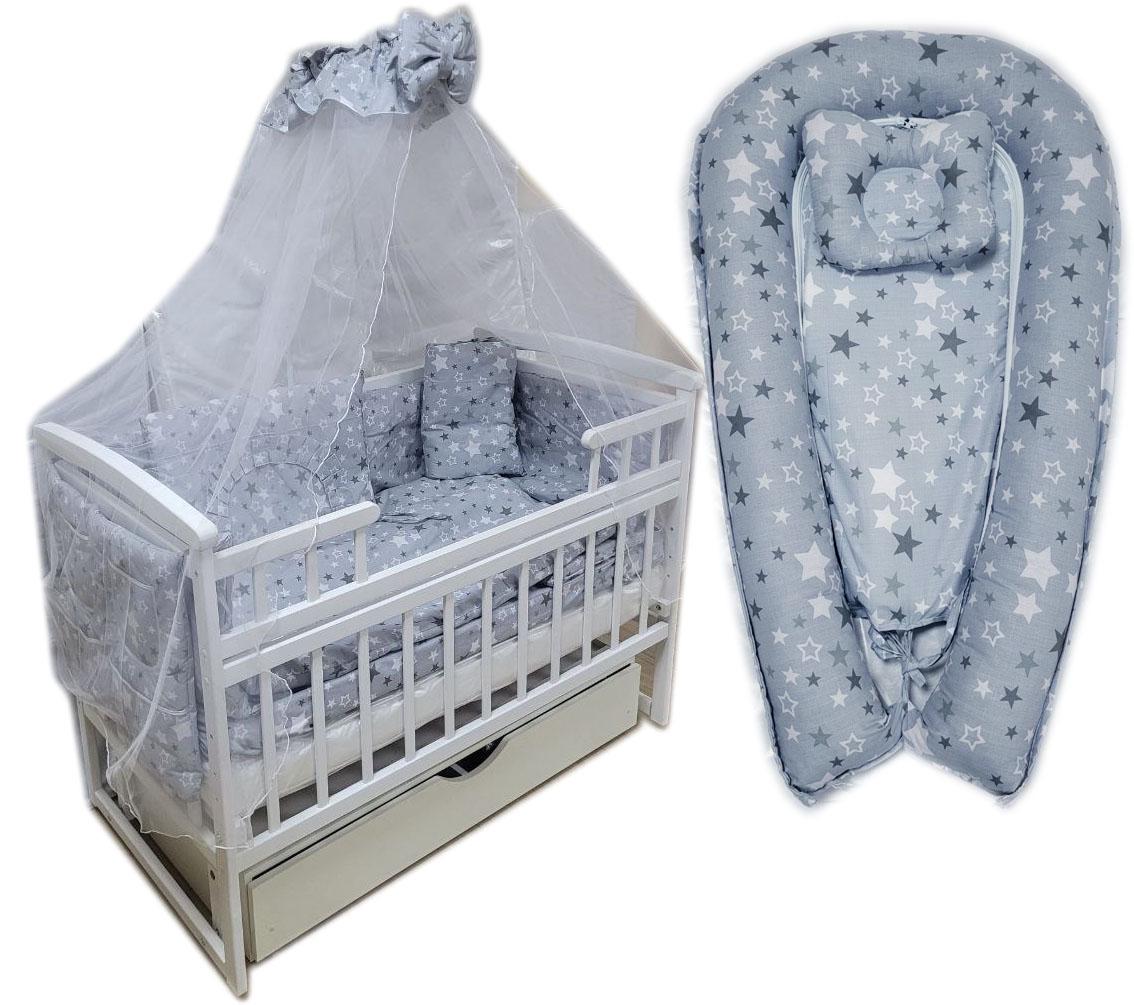 Постельный набор с коконом та ортопедичною подушкою Серые звезды 11 эл. Постельный набор с коконом та ортопедичною подушкою Серые звезды 11 эл.