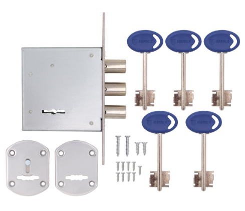 Замок врізний сувальдний Шерлок 5 ключів/цинк бексет 67,5 мм 3 ригеля/15,8 мм додатковий (30.01-S)