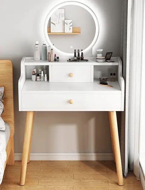 Туалетный столик TT821 с круглым зеркалом/LED-подсветкой и выдвижным ящиком из МДФ 119х60х40 см Белый (opt-103486)