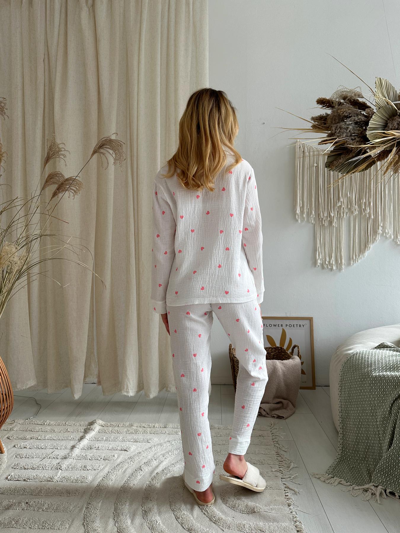 Пижама женская COSY Сердце муслиновая брюки/рубашка XL Белый/Розовый (M210P) - фото 2 Пижама женская COSY Сердце муслиновая брюки/рубашка XL Белый/Розовый (M210P) - фото 2