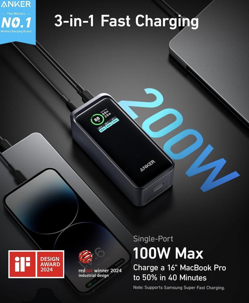 ᐉ Повербанк Anker Prime Power Bank 20000 mAh 200W Black