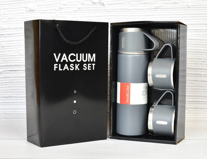 Набор термос с чашками 3 шт. с вакуумной изоляцией в подарочной упаковке 500 мл Серый (MX-00008959A) - фото 4 Набор термос с чашками 3 шт. с вакуумной изоляцией в подарочной упаковке 500 мл Серый (MX-00008959A) - фото 4