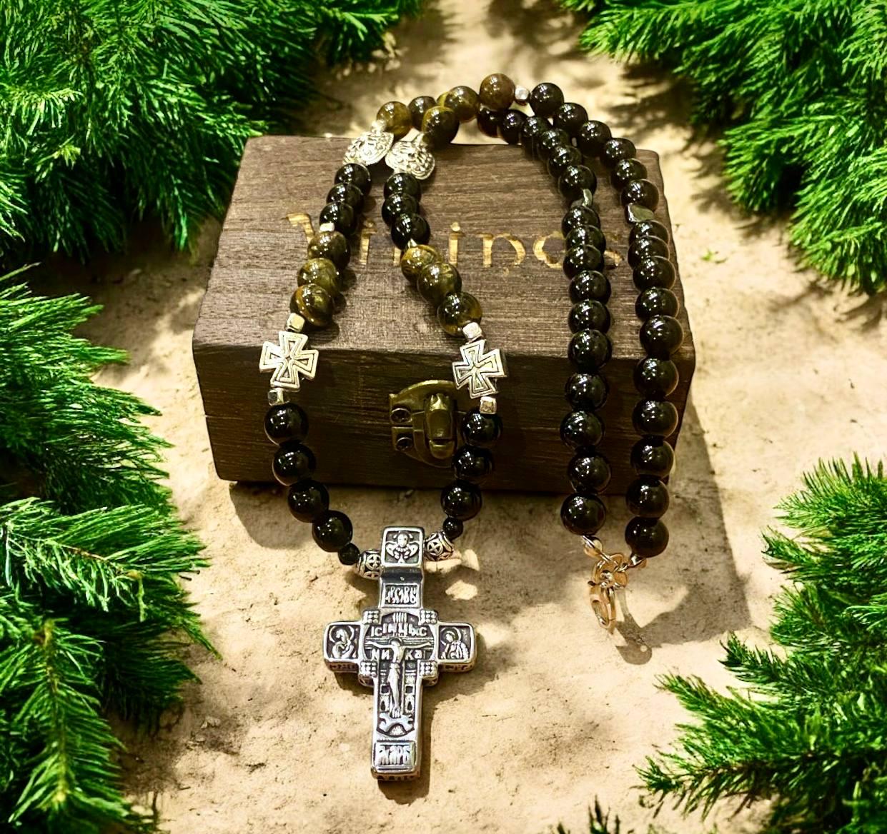 Колье оберег LITAURS со стальным крестом и натуральными камнями d 8 мм черный агат/тигровый глаз (251202)