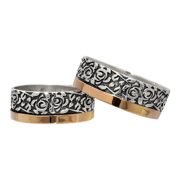 Пара серебряные обручальные кольца с золотыми пластинами Цветы в тебе 16,5 (073к-2)