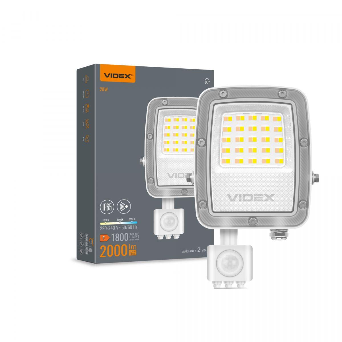 Прожектор Videx F5 20W 3000-5000-6500K с датчиком движения 230V White (VL-F5-020CW-S)