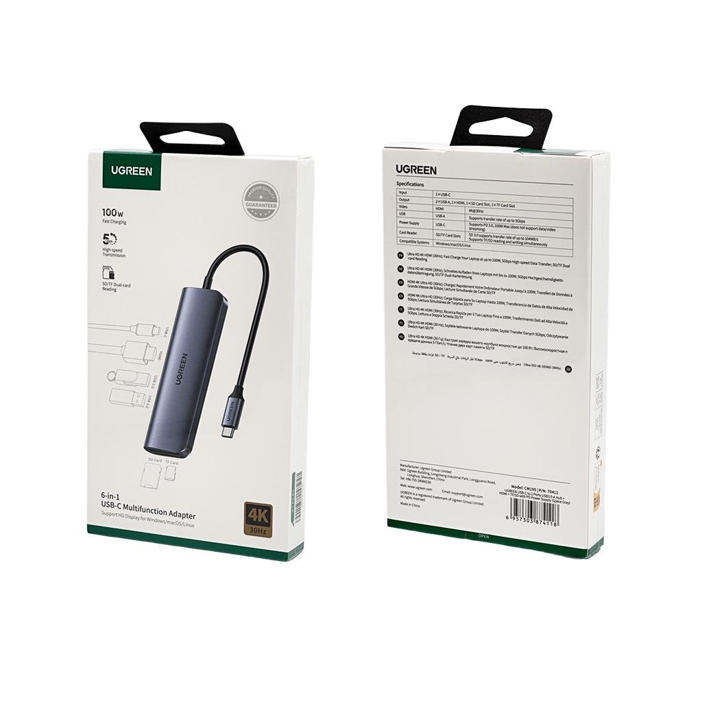 USB-хаб UGREEN USB-C to 2 Ports USB3.0-A Hub + HDMI + TF/SD с PD Power Supply Space Gray (UGR-70411) - фото 2