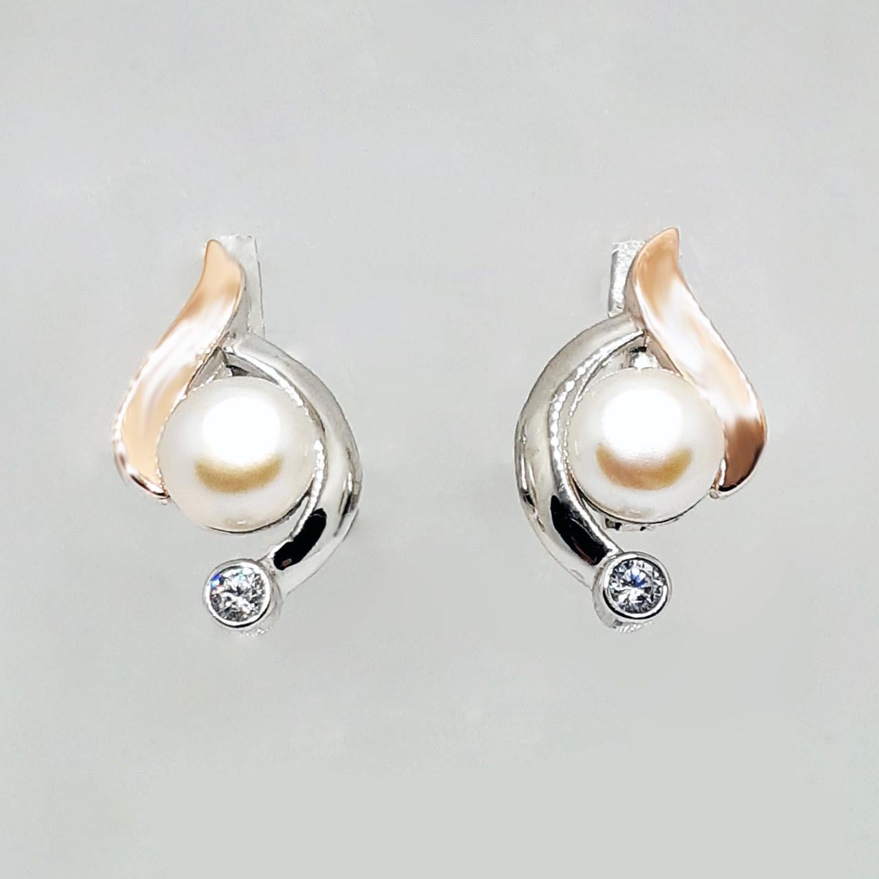 Серьги серебро с жемчугом золотая накладка родий 925° 4,81 г (019С)