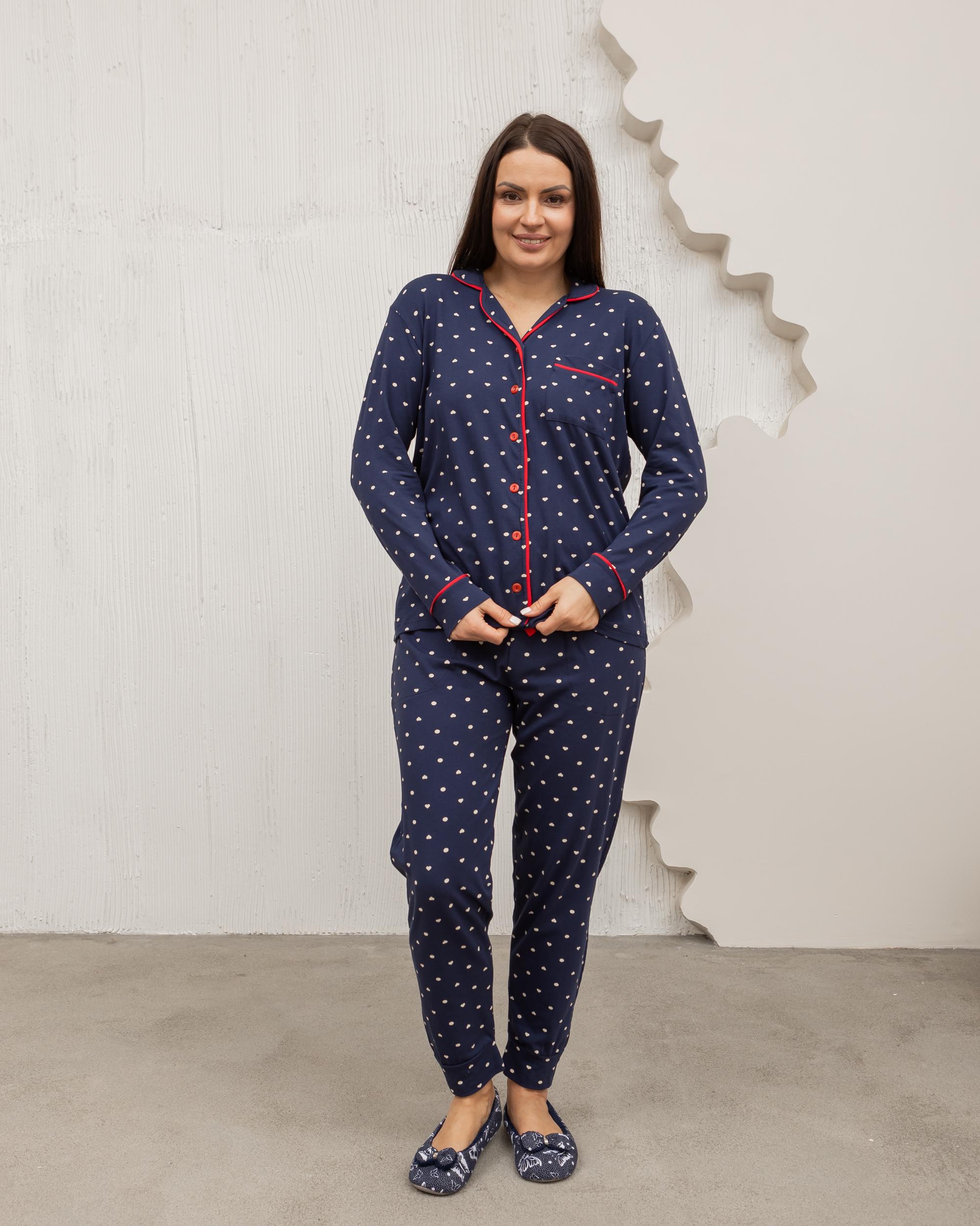 Піжама жіноча батал на гудзиках Горошок та сердечки 30076 3XL Темно-синій