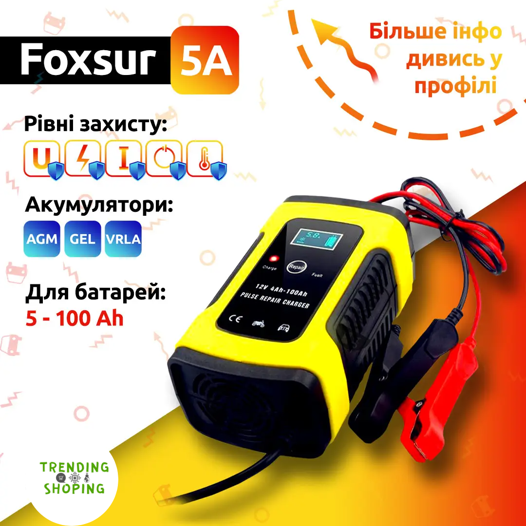 Зарядний пристрій Foxsur 5А FBC1205 для всіх типів автомобільних акумуляторів - фото 4